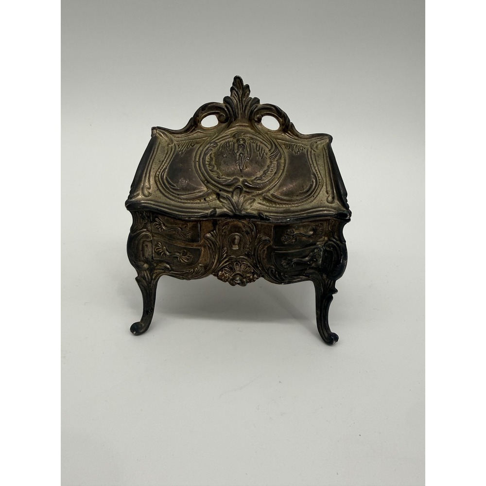 Vintage Footed Jewelry Casket Red Velvet Lined Ornate Rococo Metal Trinket Box